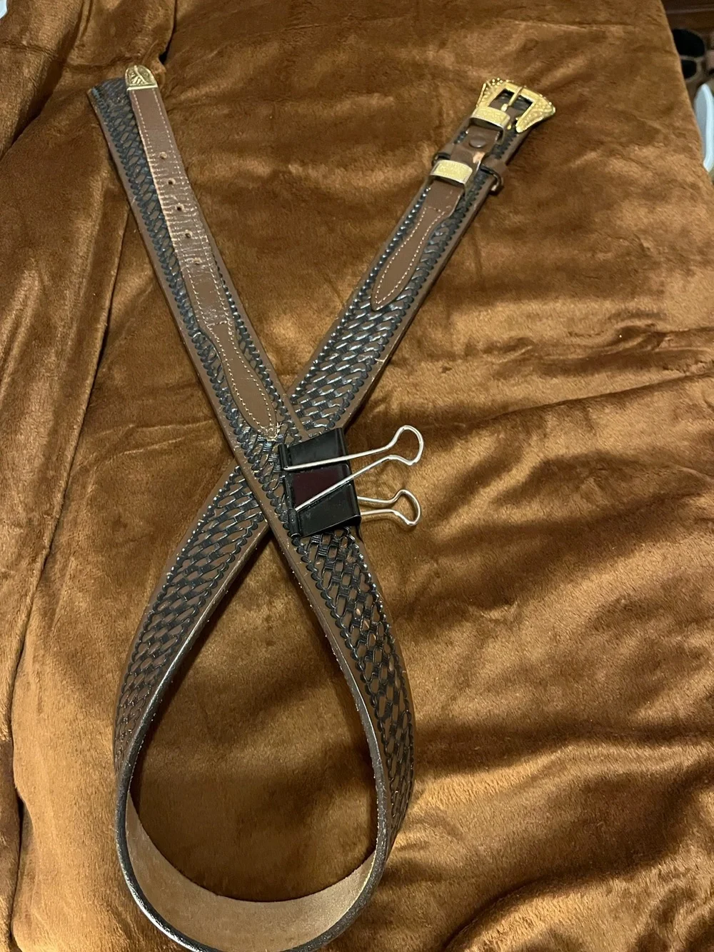 Vintage Western Brown Leather Belt with Gold-Tone Buckle Sz 36”.